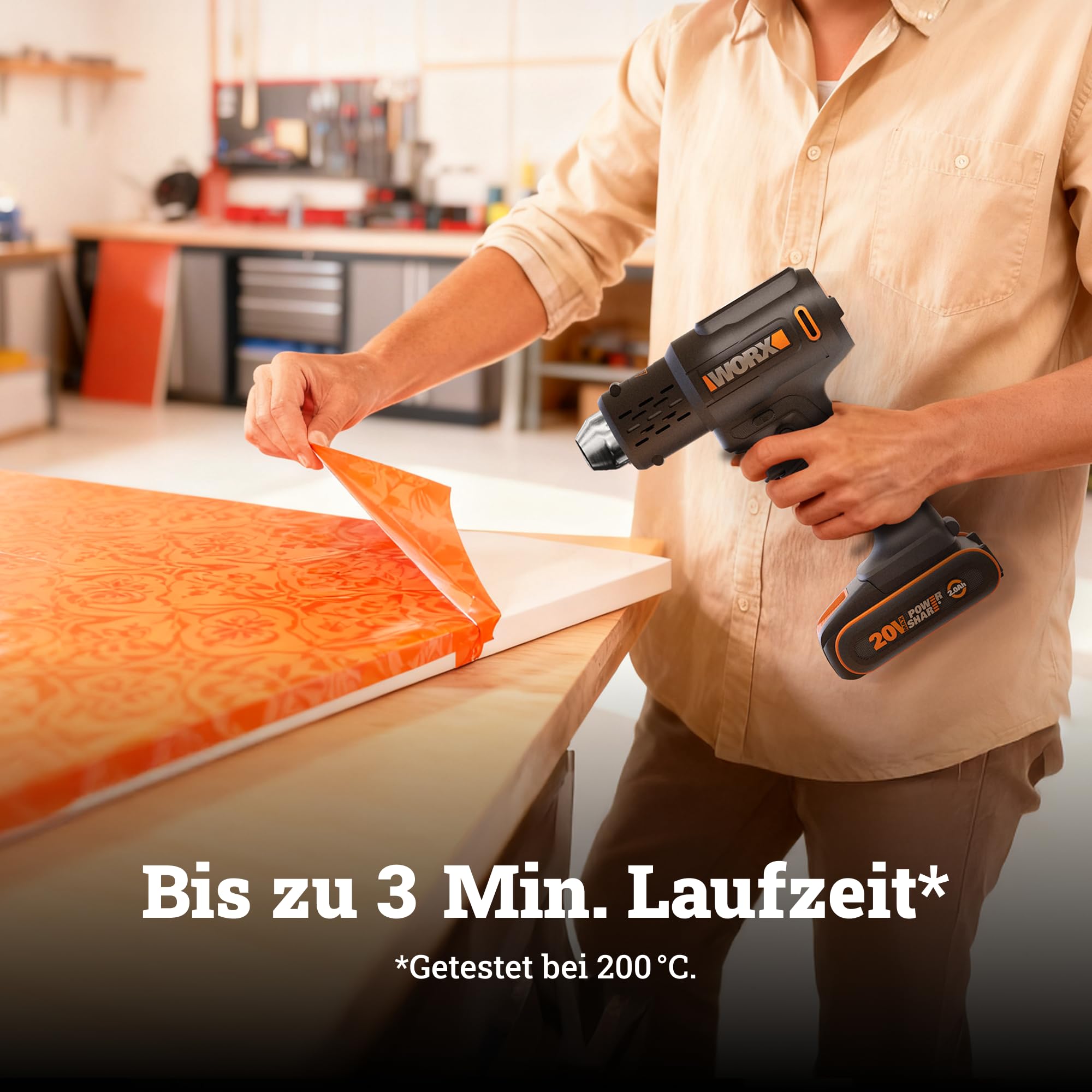 WORX WX015 Akku Heißluftpistole 20V, 20–600°C einstellbar in 10°C-Schritten, LCD-Display, Memory-Funktion, schnelles Aufheizen, inkl. 2Ah Akku & Ladegerät
