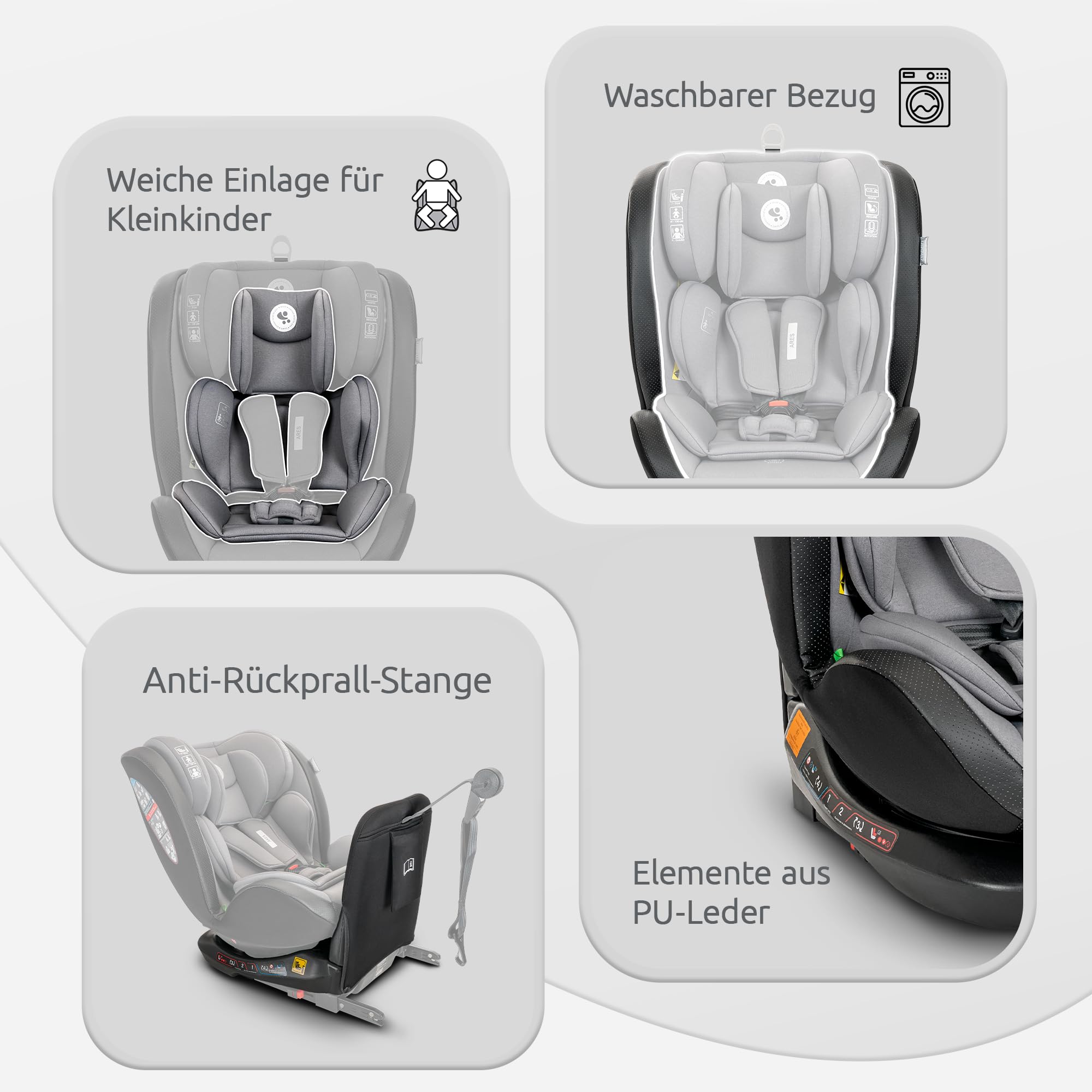 Lorelli Auto Kindersitz Ares mit Isofix, 360 Grad drehbar, (0-36 kg) Mitwachsender Autositz i-Size 40-150cm - Gruppe 0+/1/2/3, Babysitz ab Geburt, 5-Punkt-Gurt, Einstellbare Kopfstütze, grau