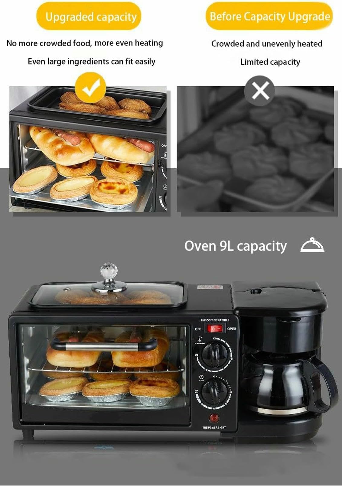 Stazione per La Colazione 3 in 1 - Versatile Macchina per La Colazione con Timer - Tostapane Forni con Padella - per Pane, Panini, Uova, Pancetta, Salsicce