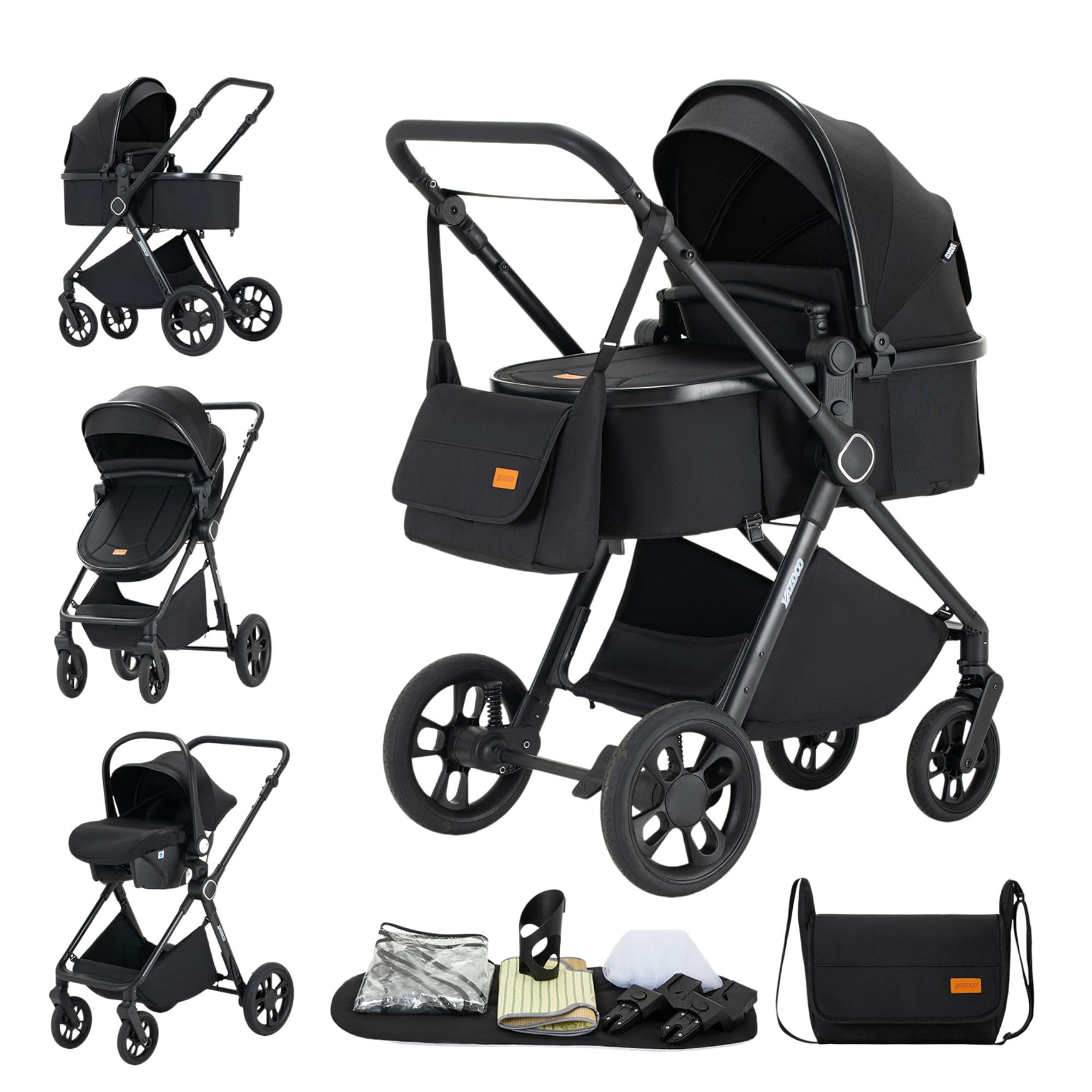 GLOKID passeggino trio 3 in 1, multifunzionale carrozzina pieghevole, navicella+passeggino 2 in 1, ruote antiforatura ammortizzate, completo di accessori(Nero)