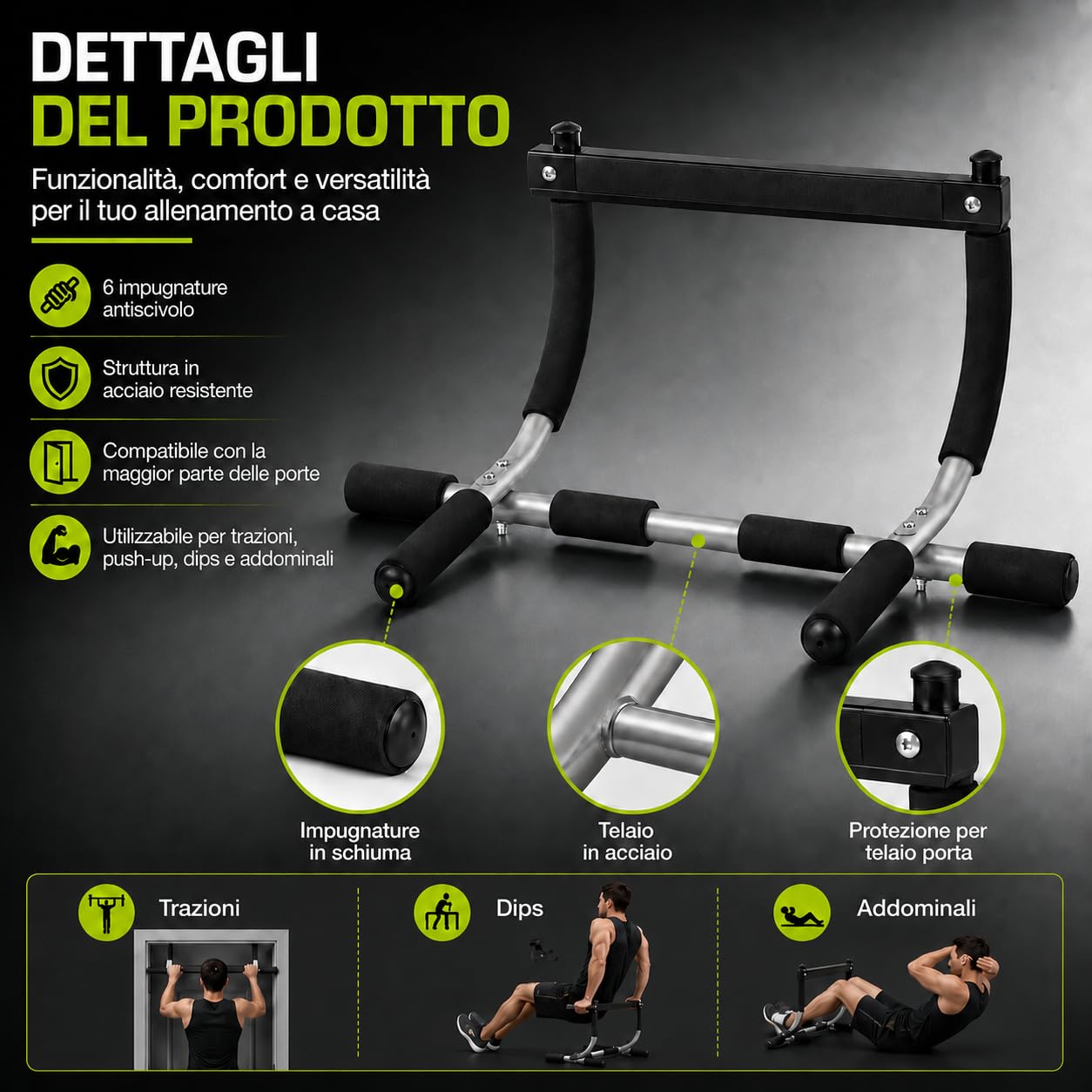 Barra per Trazioni da Porta, Sbarra Pull Up Multifunzione per Allenamento Casa, Attrezzo Fitness per Addominali, Schiena, Braccia e Allenamento Corpo