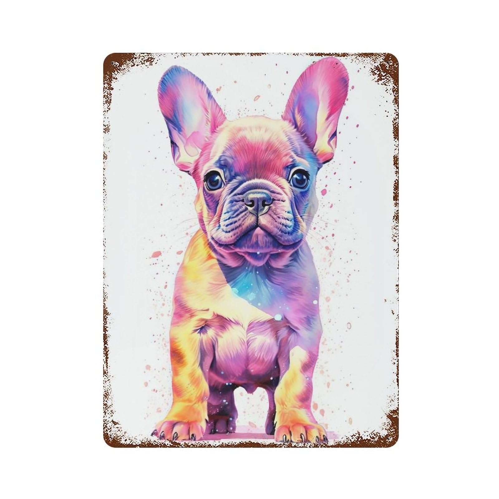Rust Effect Cute Baby Frenchie Puppy Rustic Tin Plaque 15.7"x11.8", Classic Wall Plaque for Shed, Workshop And Garage Wall Decor