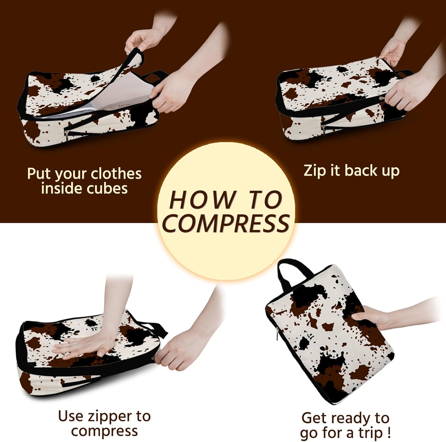6 Pcs Compression Packing Cubes Waterproof Suitcase Travel Bag Luggage Backpack Organizer Travel Cubes for Packing-Cow Print