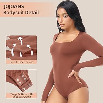 JOJOANS Womens Long Sleeve Bodysuit Sexy Square Neck Double Lined Basic Tops