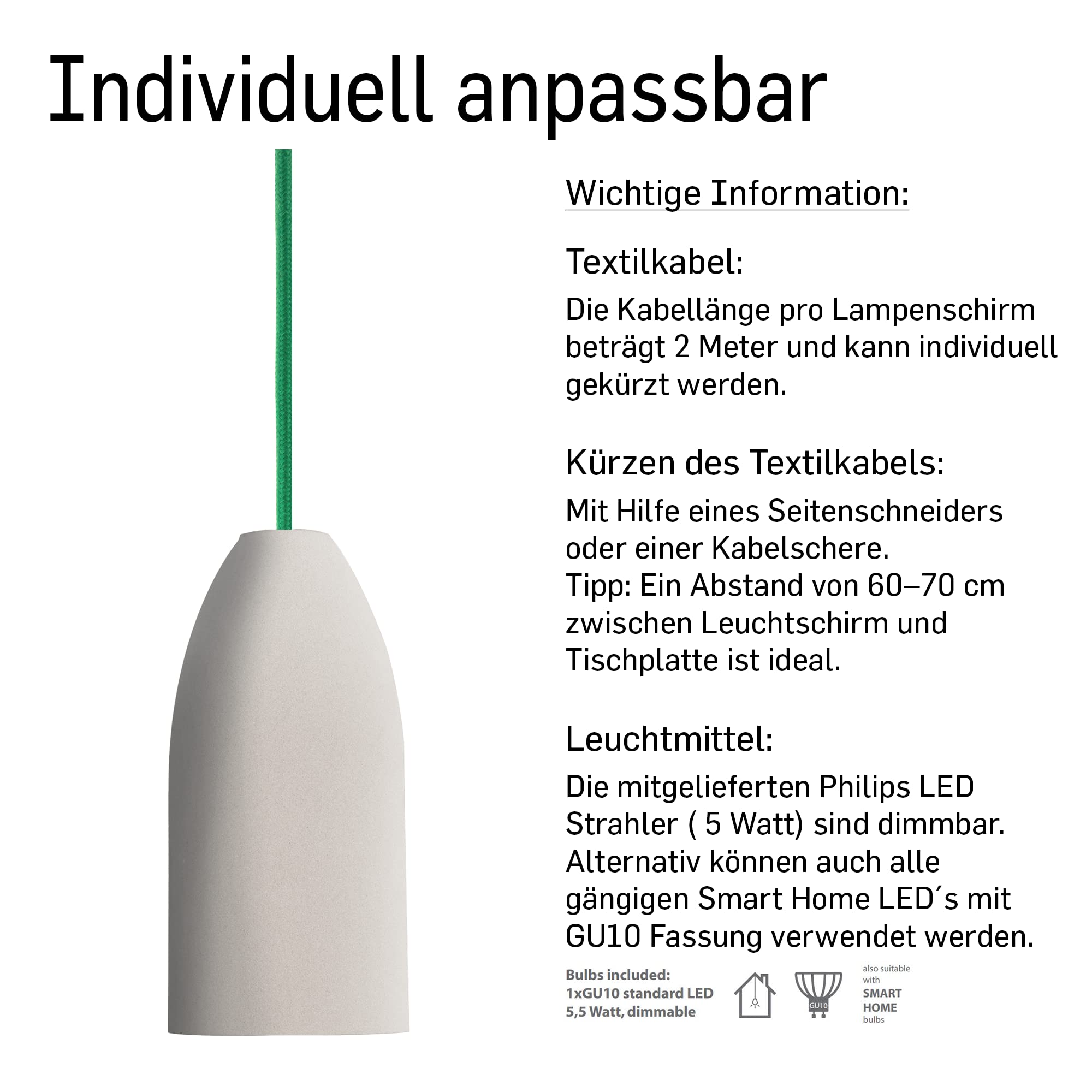 Pendelleuchte 3 flammig light edition, Küchenlampe hängend mit Textilkabel Grün, Hängelampe Esstisch aus Beton