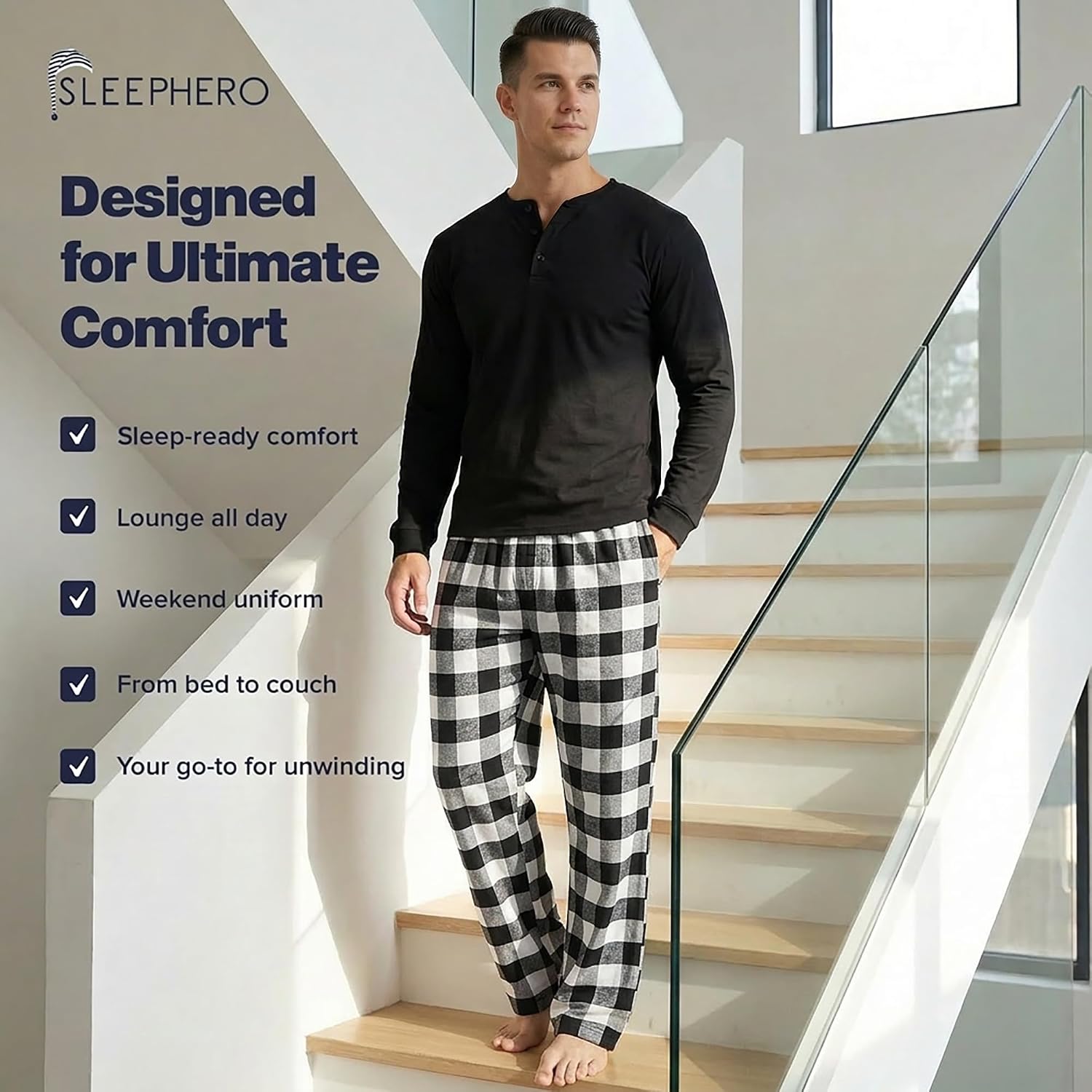 SLEEPHERO Men’s Pajama Set – Lightweight Flannel Pants & Long Sleeve Top – Soft Cotton Blend Year-Round Lounge Set
