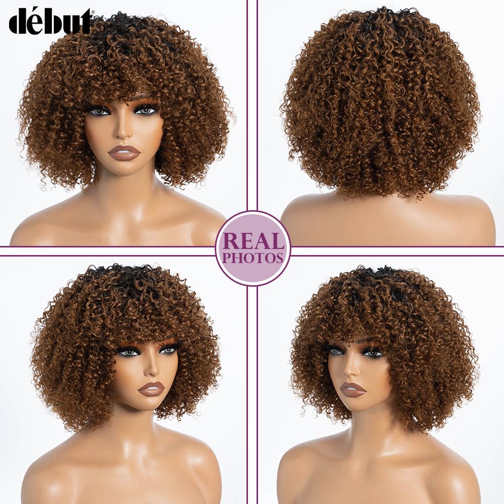 Glueless Bob Wigs Human Hair Ombre Auburn Brown Short Curly Wigs with Bangs Wear and Go Kinky Curly Brazilian Hair Wigs 200% Density for Black Women TT1B/30 12 Inches