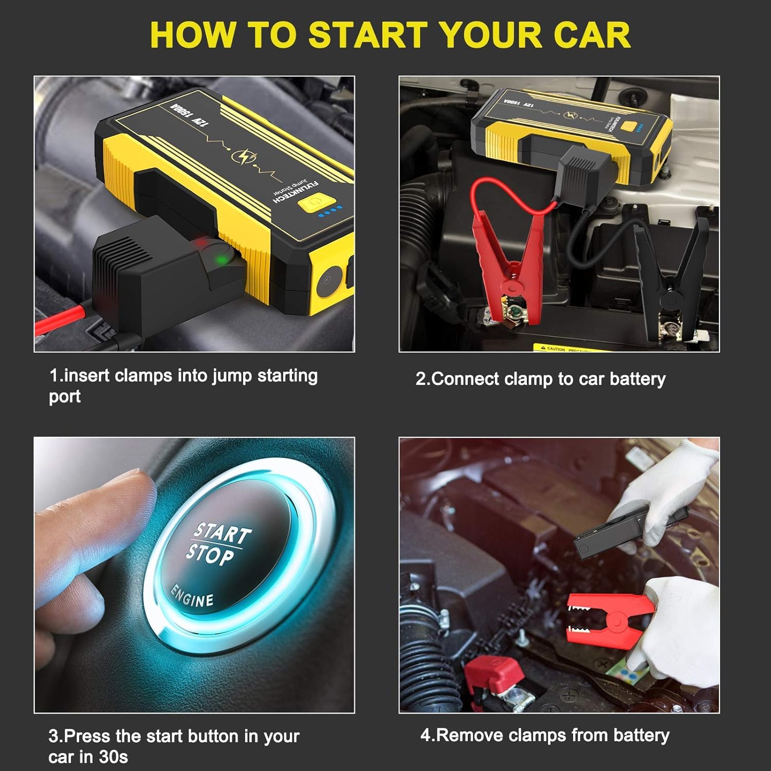 Keturi žingsniai, kaip užvesti automobilį: 1. Įkiškite užvedimo jungiklįamps į užvedimo jungtį. 2. Prijunkiteamp prie automobilio akumuliatoriaus. 3. Paspauskite automobilio užvedimo mygtuką per 30 sekundžių. 4. Nuimkite užvedimo jungiklįamps nuo akumuliatoriaus.