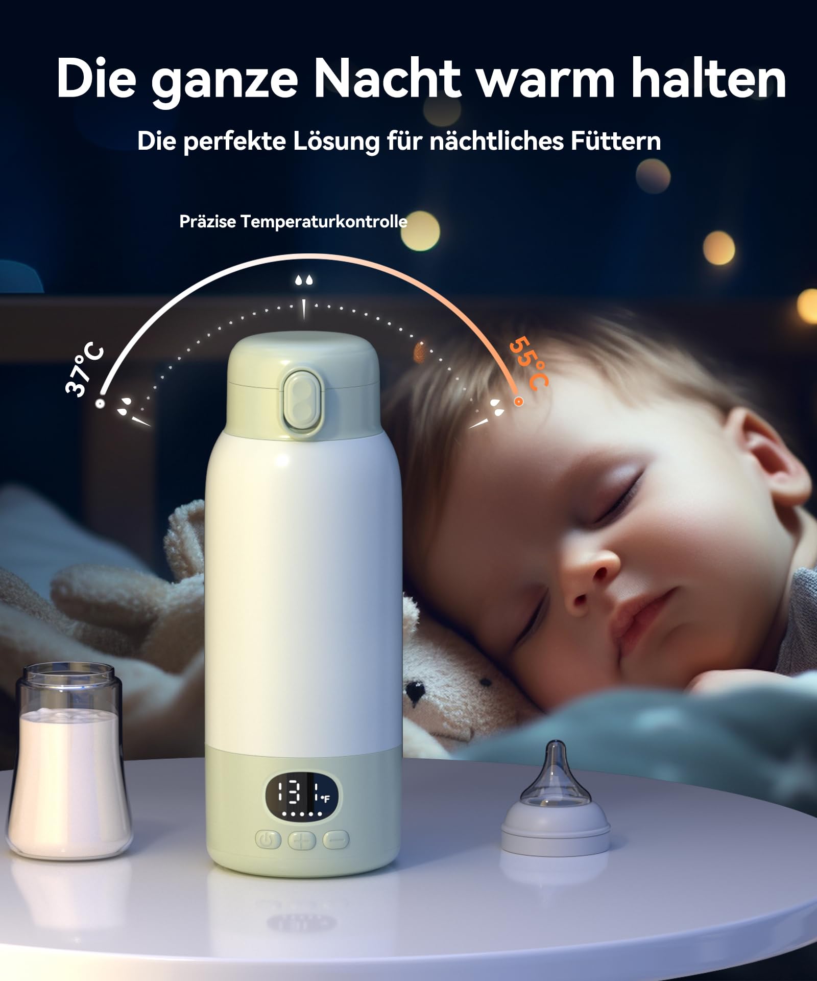 Flaschenwärmer Baby unterwegs Kabellos, Schneller Erwärmer 500 ml | Präzise Temperaturregelung, 316 Edelstahl, 14800mAh Akku, USB-C, Trockengehschutz, Auslaufsicher, unterwegs & Auto