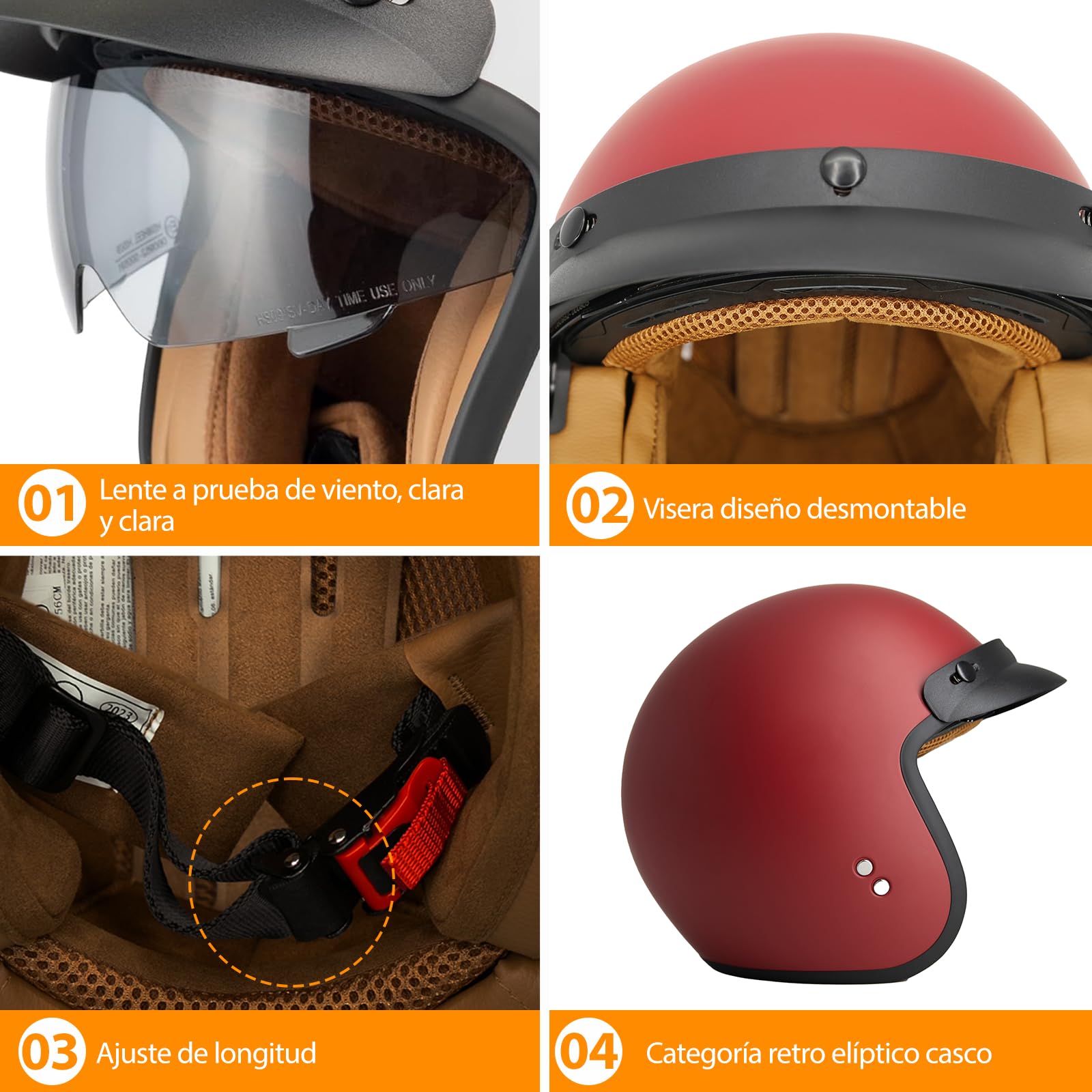 HSWHEEL Casco Jet con Visera: Casco de motocicleta de alta calidad, certificado ECE22.06, unisex - Adecuado para ciclomotor, scooter, motocicleta y escúter - Diseño retro de casco