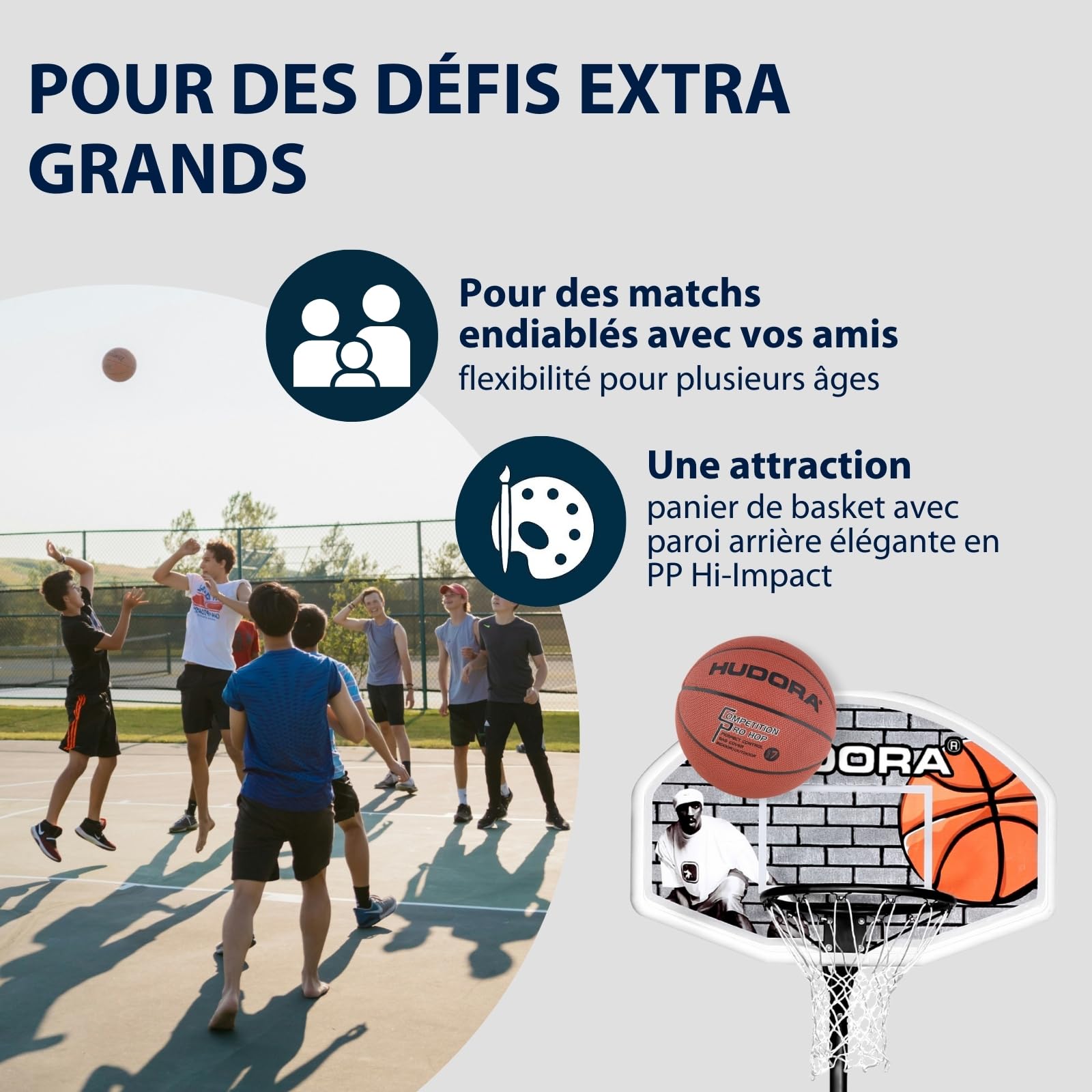 Poteau Basket Réglable HUDORA XXL - Hauteur 2,60 à 3,05 M, Panneau Large, Roues Mobiles - 10