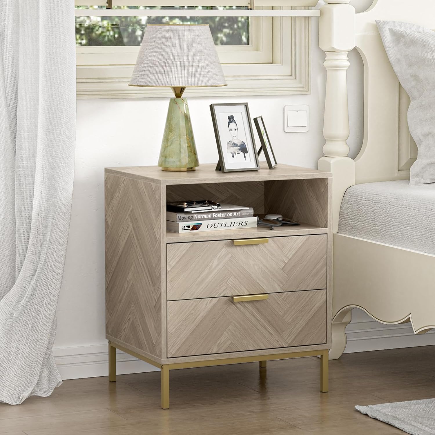 Nightstand with 2 Drawers - Modern Square Bedside Table with Storage Shelf, Natural Oak End Table for Bedroom or Sofa