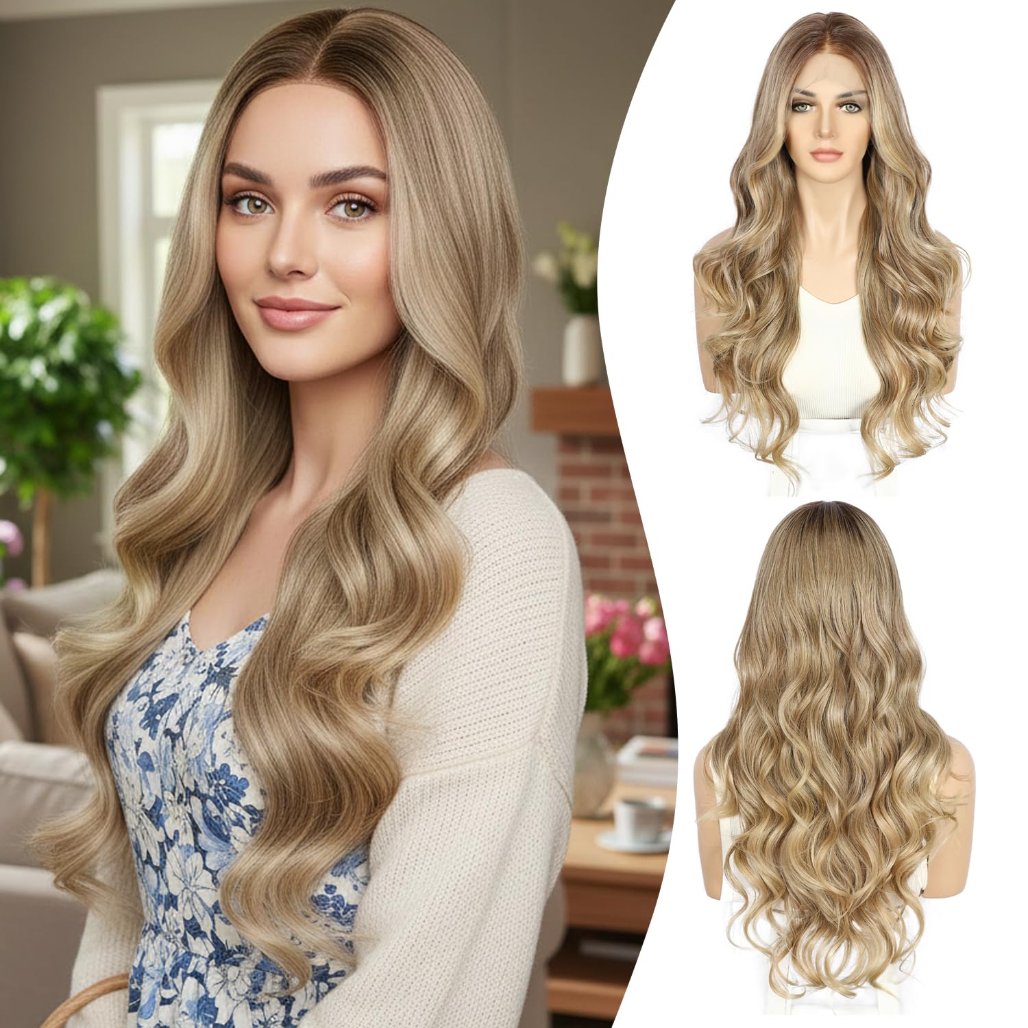 Sapphirewigs Blond Lace Front Perücke Synthetische Körper Welle Blond Balayage Perücken Damen Party Date Tägliche Tragen Natürlich Aussehen Weihnachten 26inch