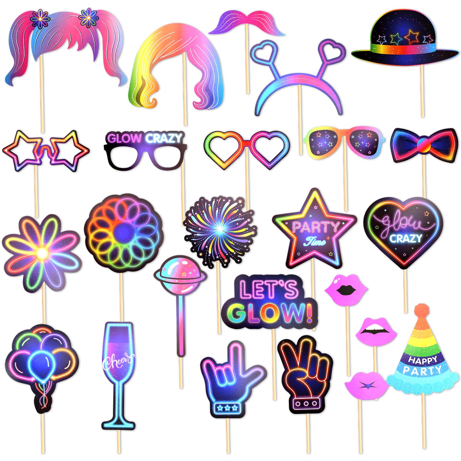 Tabanzhe Neon, Glow 25 Pieces Party Photo Booth Props Set Glow Props Birthday, Wedding, Christmas, Mardi Gras Party Decoration With Glowing Neon Selfie Props，Fun Diy Set
