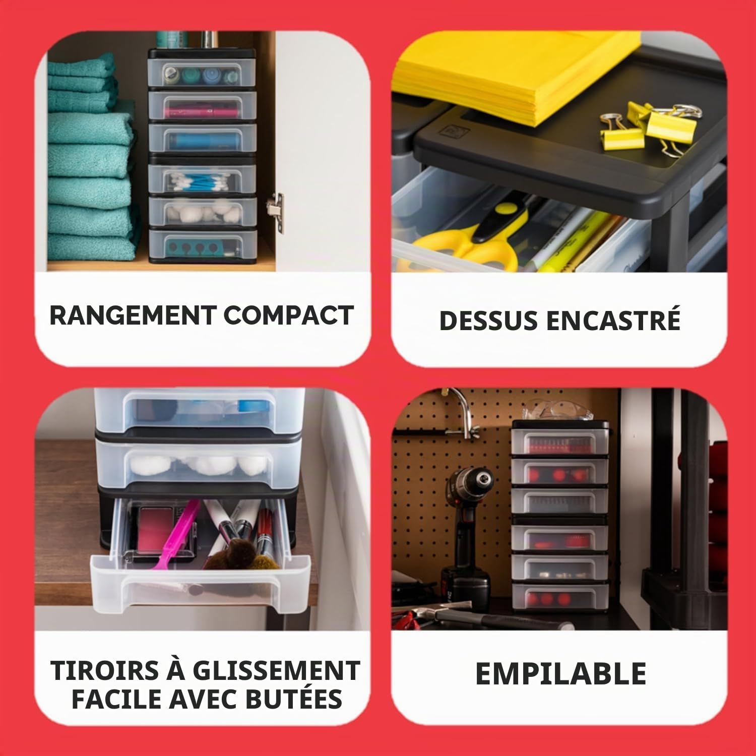 IRIS Lot de 4 petits organiseurs de bureau à 3 tiroirs, empilables, pour bureau, école, papeterie, maquillage, salle de bain, utilitaire, fournitures médicales, rangement polyvalent, noir
