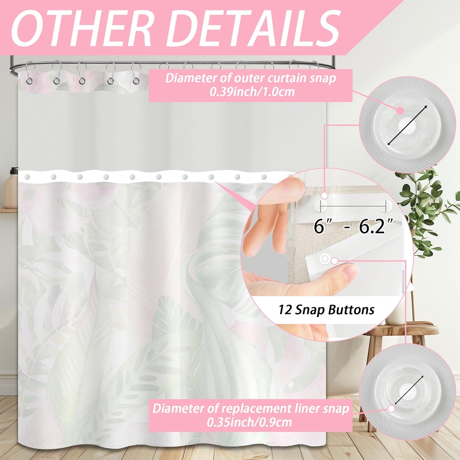 Pink and Green Tropical Leaf See Through Mesh Top Shower Curtain with Window, Jungle Double Layer Shower Curtains with Snap in Liner with Magnets, Waterproof Fabric with Hooks, 71" W x 72" L