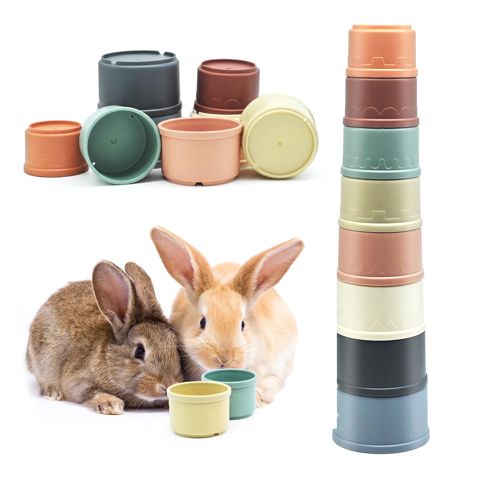 JINTANG 8 PCS Stacking Cups for Small Animal Toys,Rrabbit stacking cups Toys of Different Sizes,Nesting Toys for Bunny Guinea Pig Hiding Food and Playing (Morandi)