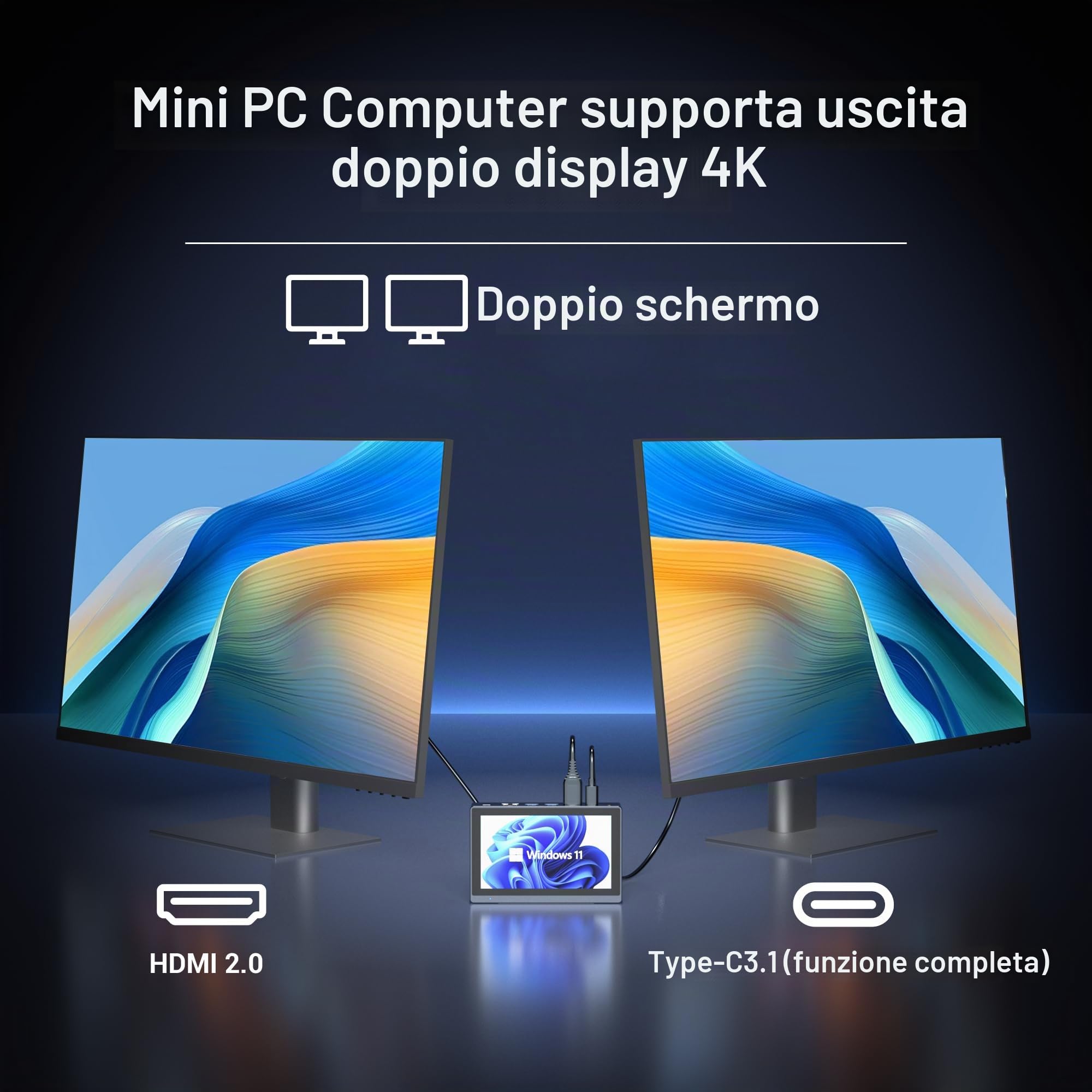 PC Mini Desktop Mini PC Celeron N5095 8GB RAM 128GB ROM con Ventola, Mini Computer Win 11 PRO con Schermo Tattile 5.5 Pollici, Doppio Display Output 4 K a 60 Hz, WiFi5 Gigabit Ethernet