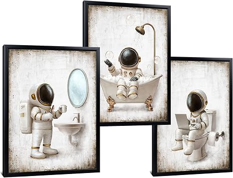 Kalormore Framed Space Astronaut Wall Art 3 Piece Modern Space Themed Canvas Prints Artwork Educational Gift Home Decorations Gift Idea for Nursery and Bathroom Black