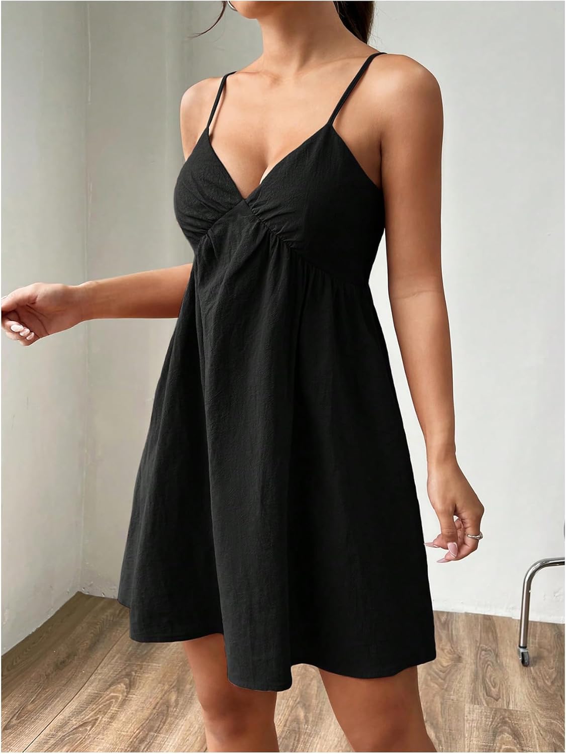 SHENHE Women's V Neck Spaghetti Strap Mini Dress Summer Empire Waist Flared Babydoll Dress - Image 2