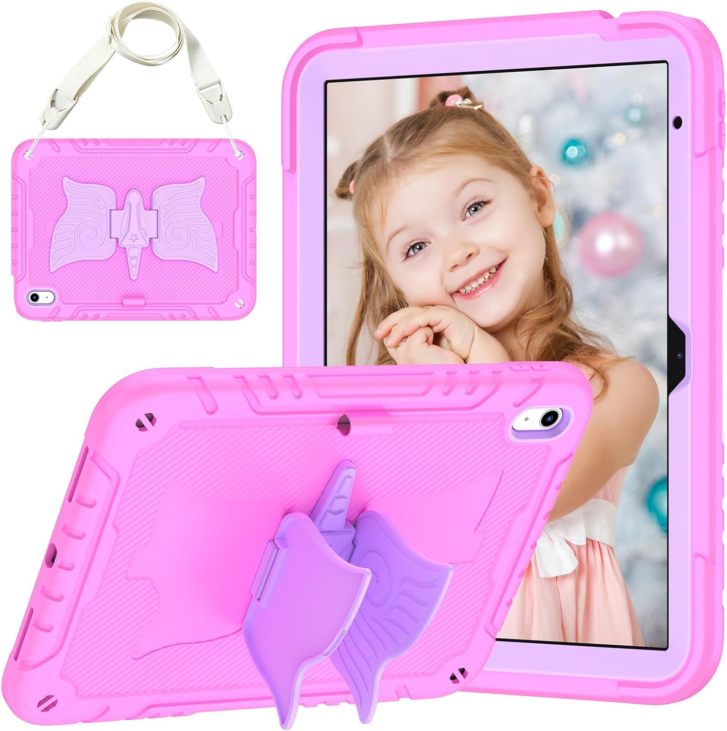 for iPad 10th Generation Case for Kids Girls with Pencil Holder, for iPad 10th Gen case iPad 10.9 inch 2022 Case Rugged Protective Case with Unicorn Stand Shoulder Strap(Pink+Purple)