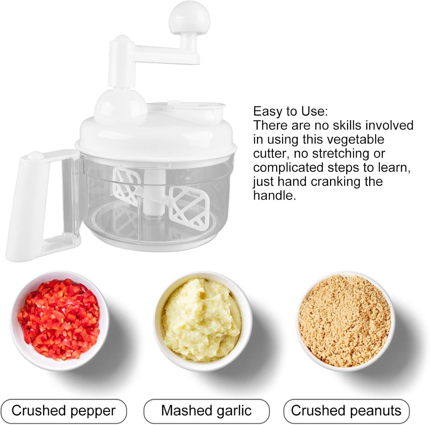 White All in One Food Chopper - Manual Hand-Cranked Vegetable Cutter with Full Functionality