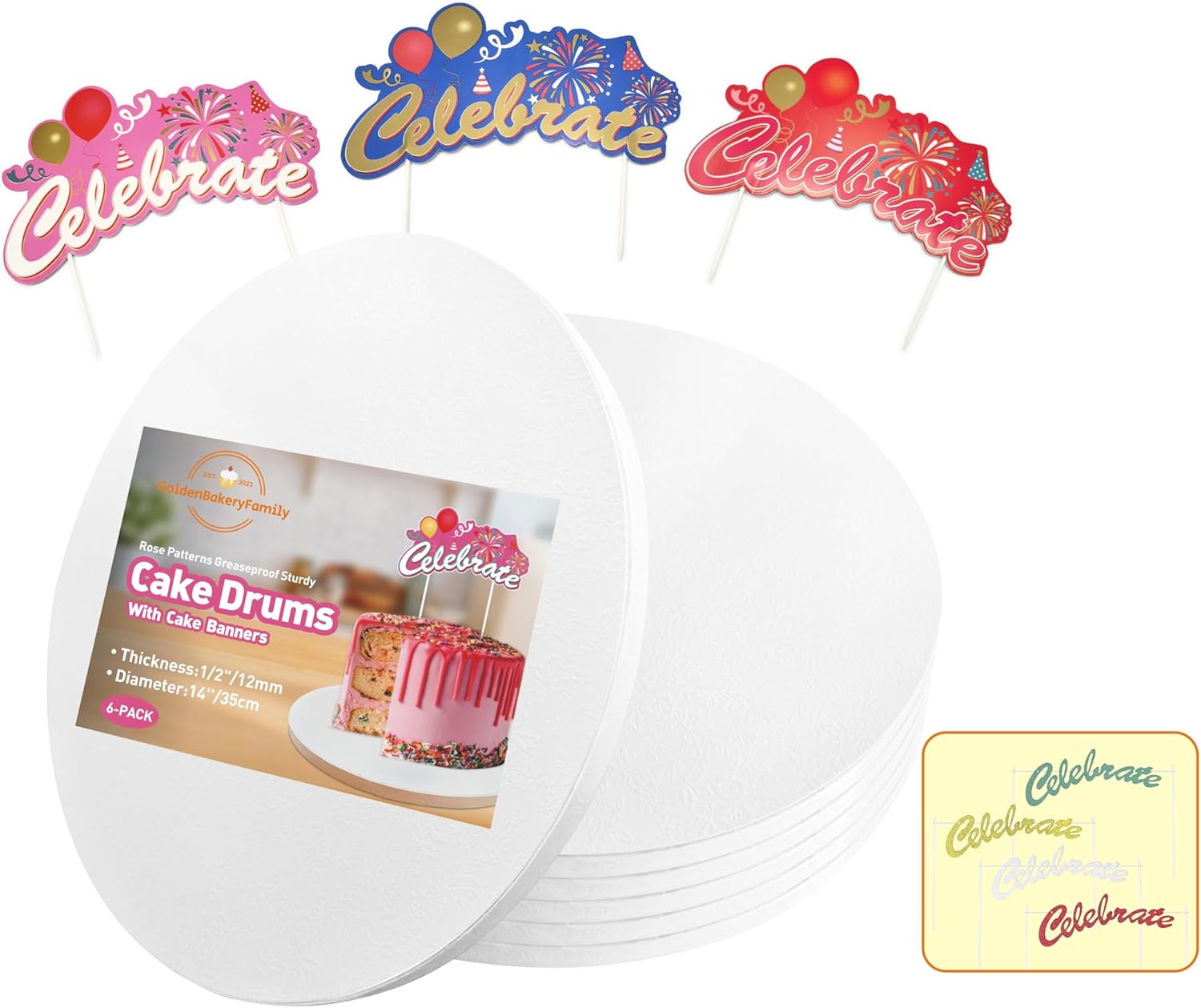 16 Inch Cake Drums with Banner Cake Topper-White(6-Pack) Cake Board Round 1/2 Inch Thick Cake Boards Sturdy, Greaseproof for Birthday Wedding Multi-Tiered Party Cake Boards by GoldenBakeryFamily
