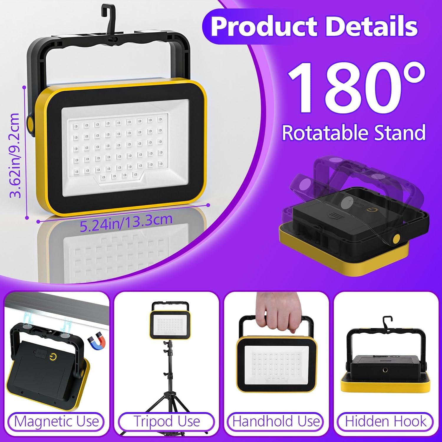 T-SUN 2 Pezzi 60W Luce Nera LED Ricaricabile, Proiettore UV LED IP66 Impermeabile Luce Nera Ultravioletta con Supporto Rotante 180°, Magnete, Foro Treppiede per Glow Party, Halloween, Fluo Party.