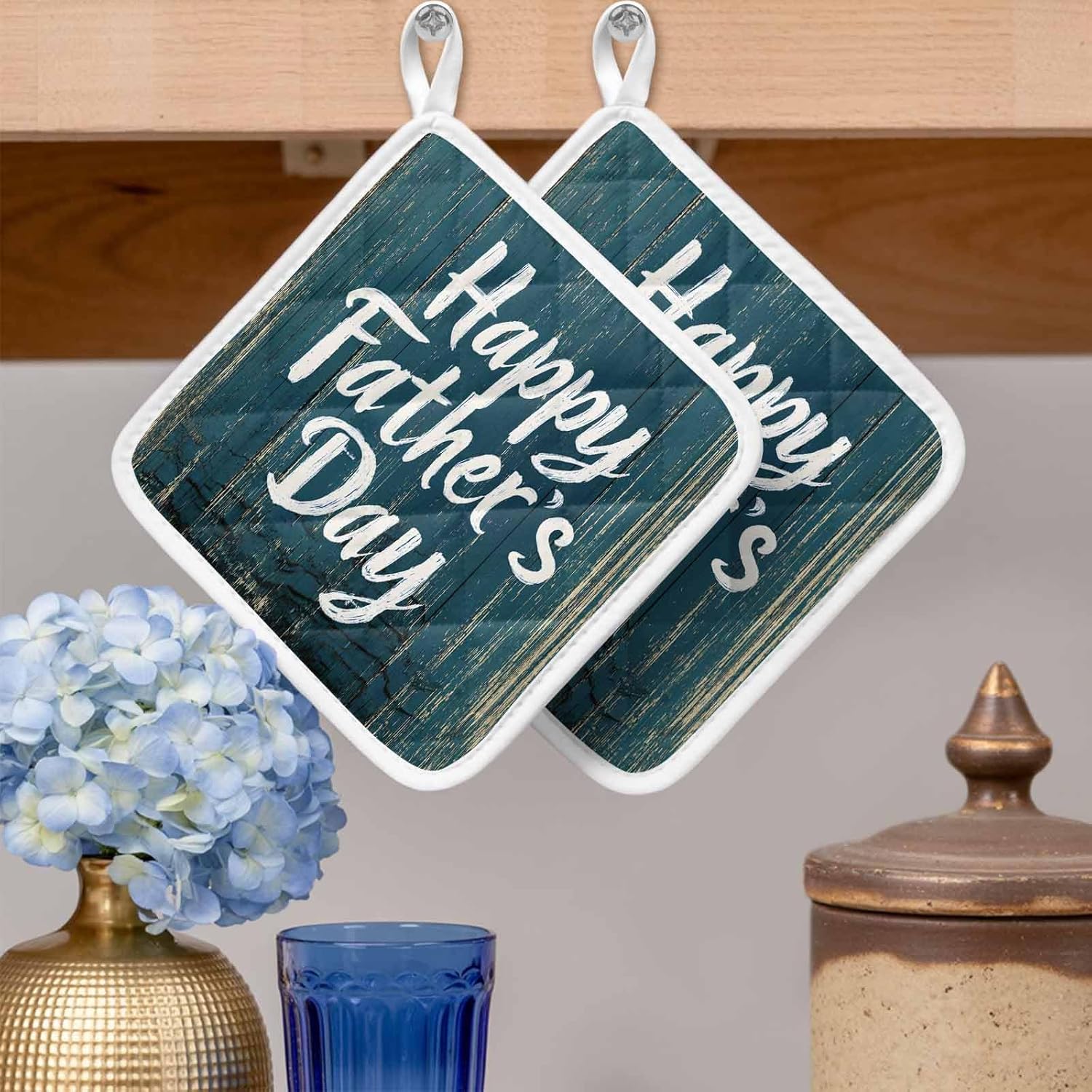5 Pack Pot Holders for Kitchen, Happy Father's Day Hot Pads for Kitchen Countertops Oven Pot Holder Bulk, Teal Beige Shabby Wooden Grain Heat Insulation Potholders with Hanging Loops