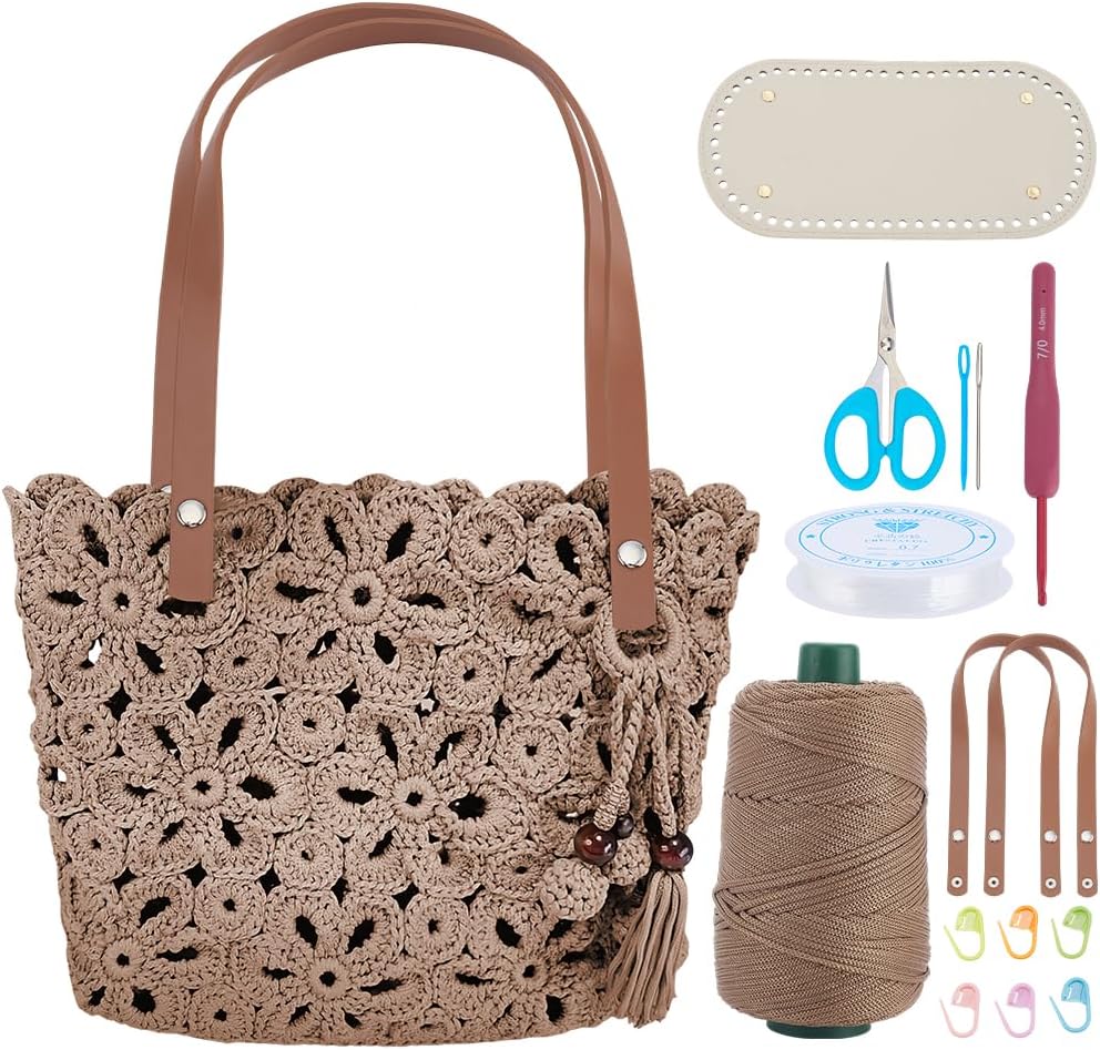 ORIGACH DIY Crochet Handbag Kit, Hollow Out Flower Crochet Tote Bag with PU Leather Band Base Beaded Tassel Include Yarn, Crochet Hooks, Markers Instruction and Video Tutorials