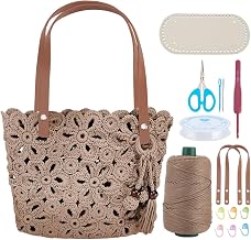 ORIGACH DIY Hollow Out Flower Crochet Handbag Kit, Taupe | Crochet Tote Bag with PU Leather Band Base Beaded Tassel Include Yarn, Crochet Hooks, Markers Instruction and Video Tutorials