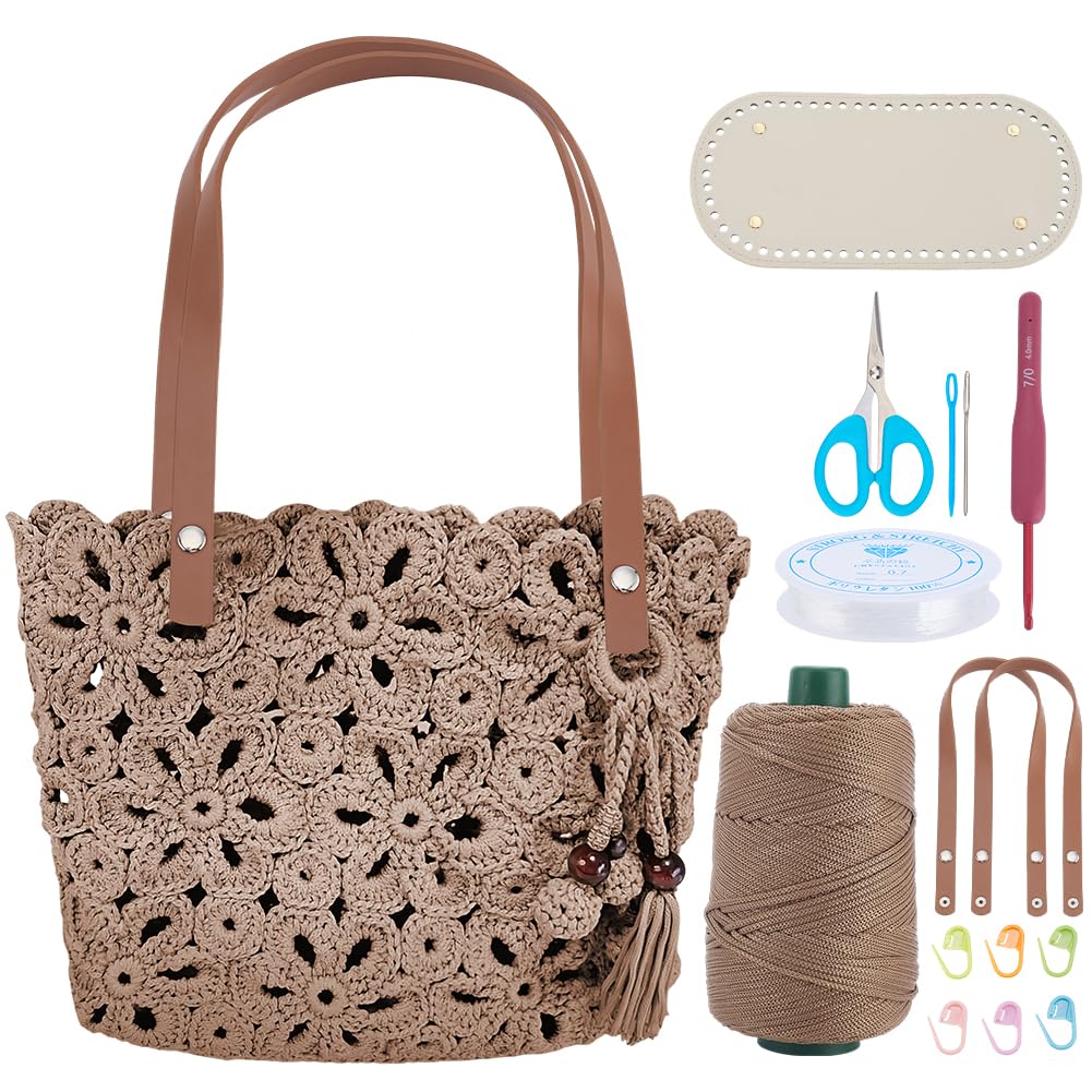 ORIGACH DIY Crochet Handbag Kit, Hollow Out Flower Crochet Tote Bag with PU Leather Band Base Beaded Tassel Include Yarn, Crochet Hooks, Markers Instruction and Video Tutorials, Taupe