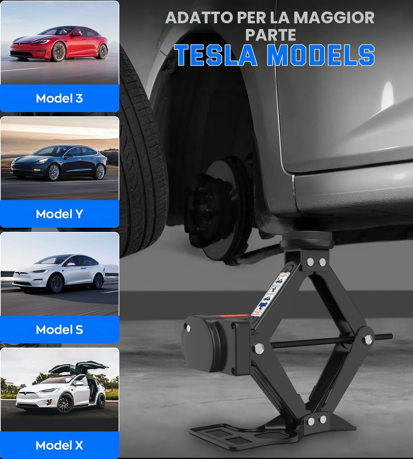 IMAYCC Elettrica Cric Per Auto 2T, Universale Cric Auto per Tesla 3/Y/X/S Con Tampone In Gomma, Cric Portatile Con Chiave Per Dadi Ruota, Kit Emergenza Auto Tesla Manutenzione e La Riparazione