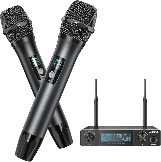 JAMELO Wireless Microphones, UHF Metal Dual Handheld Microphones System, Singing Microphone Set with Receiver, for Home Karaoke Church DJ Singing Wedding Conference, 200ft