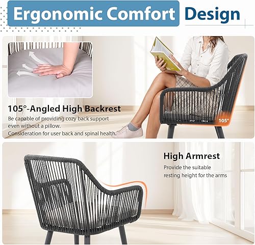 Miniatura 3 de JOIVI Juego de 6 sillas de comedor al aire libre, 6 sillas de patio de cuerda tejida con reposabrazos y cojines de asiento para porche exterior,