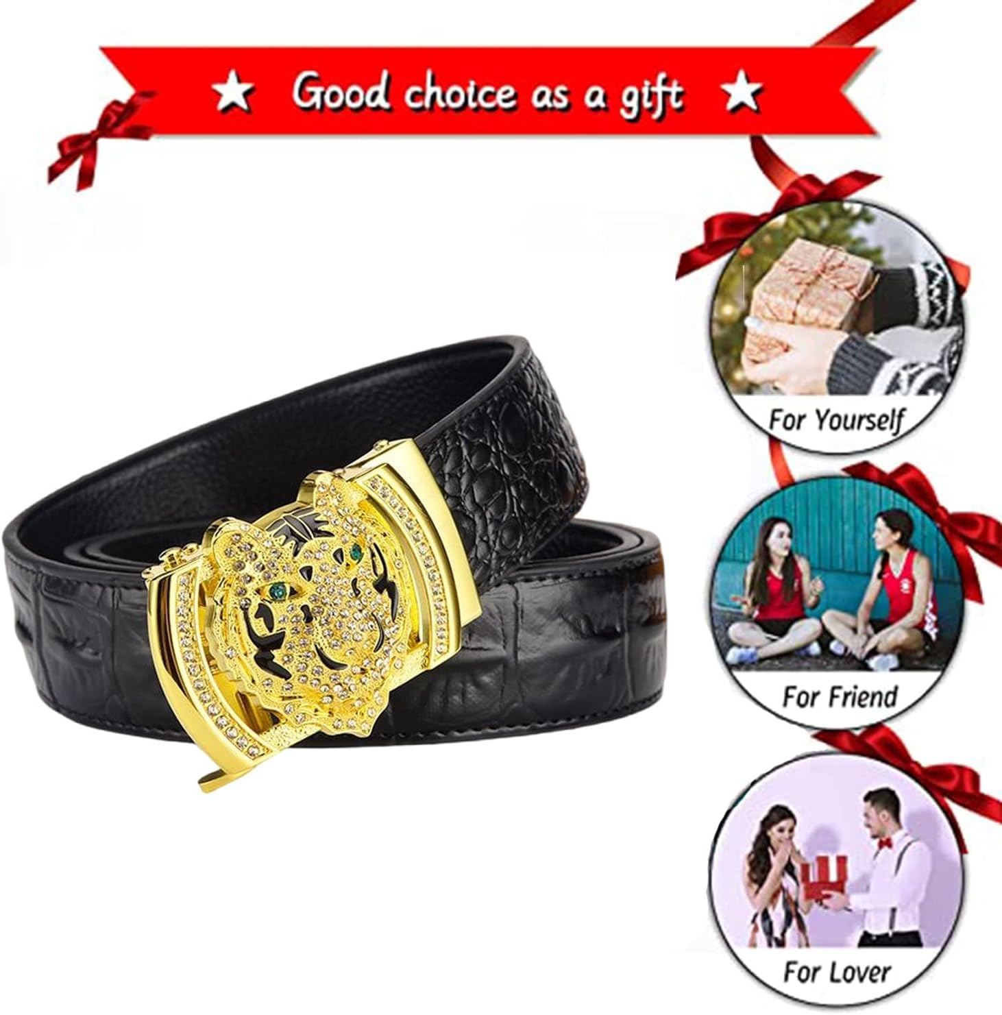 VJK Luxury Men's Belts Gold Tiger Head Automatic Buckle Alloy, PU Leather Men Waist Strap, Slide Easier Adjustable Belt, Cut To Fit, Men Dress Casual Ratchet Belt (49in) - Image 7