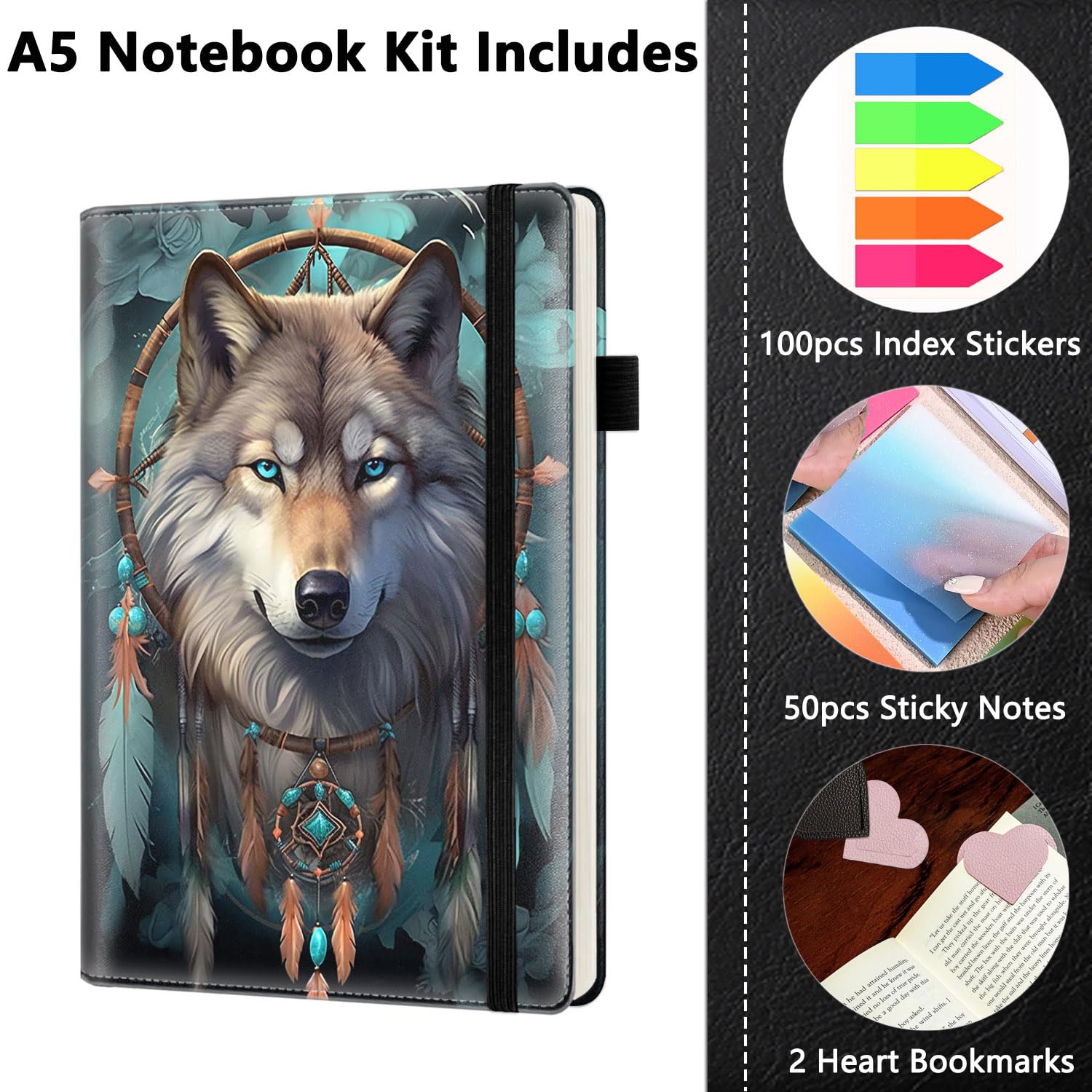 Journal Notizbuch, A5 liniert Notizbuch zum Schreiben 200 Seiten 100GSM Dickes Papier, Hardcover Leder Business Tagebuch Notizblock für Arbeit und Schule College Liniert Notizbuch, Traumfänger - Wolf