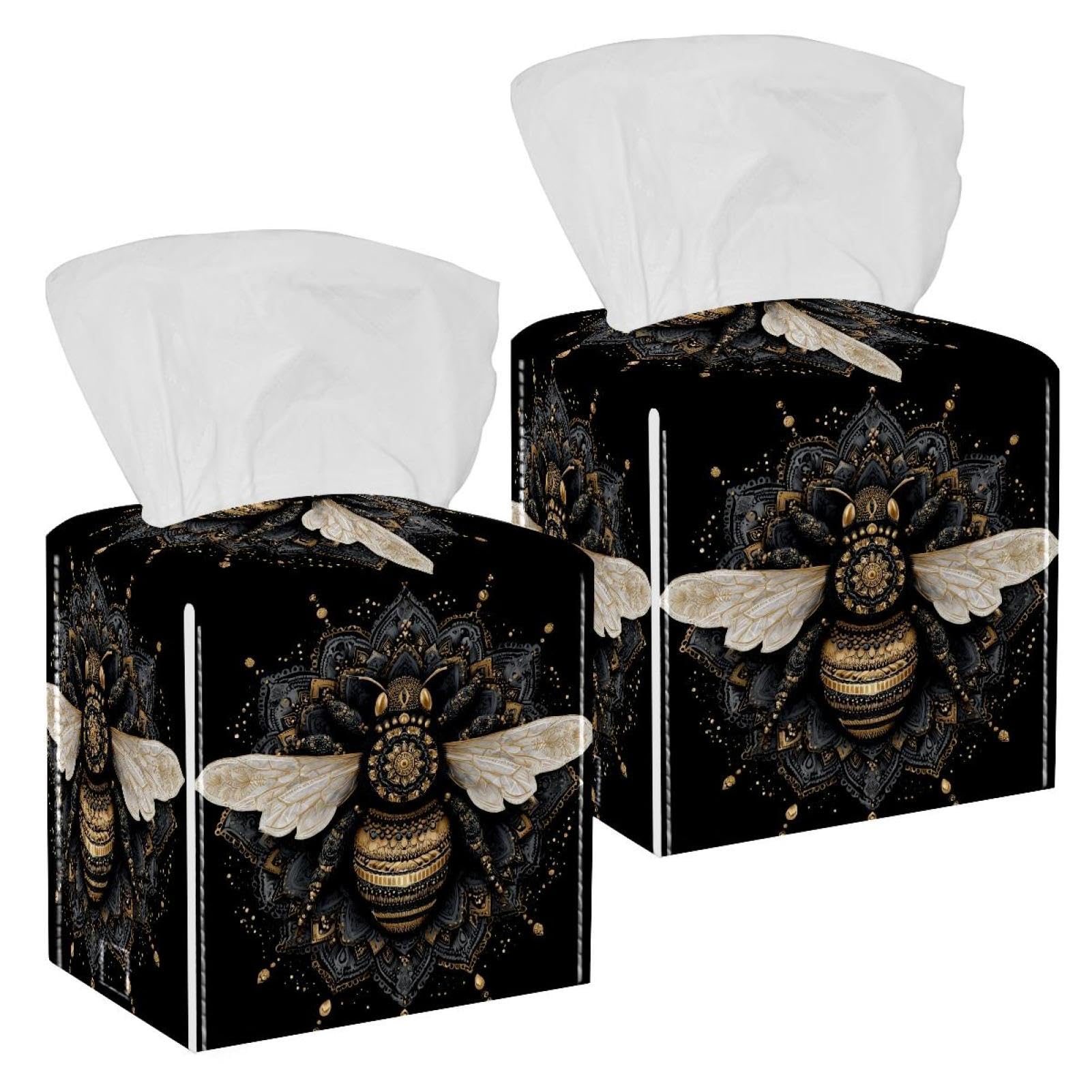 Bee Tissue Box Cover, 2 Pack PU Leather Square Facial Tissue Dispenser Box holder for Home Office Car