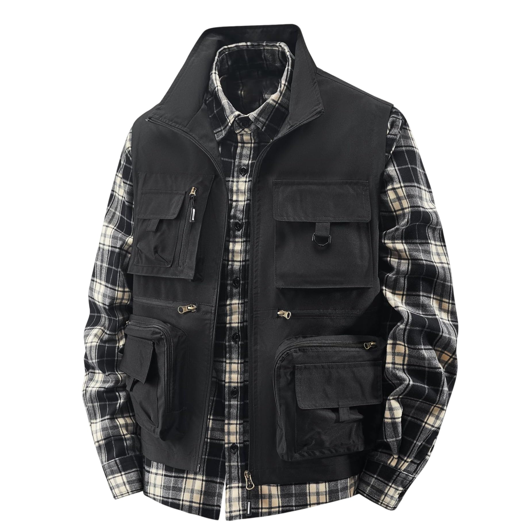 Gilet leggero da uomo per pesca e fotografo, con tasche multiple, gilet da lavoro in stile cargo, colletto alto, cerniera frontale