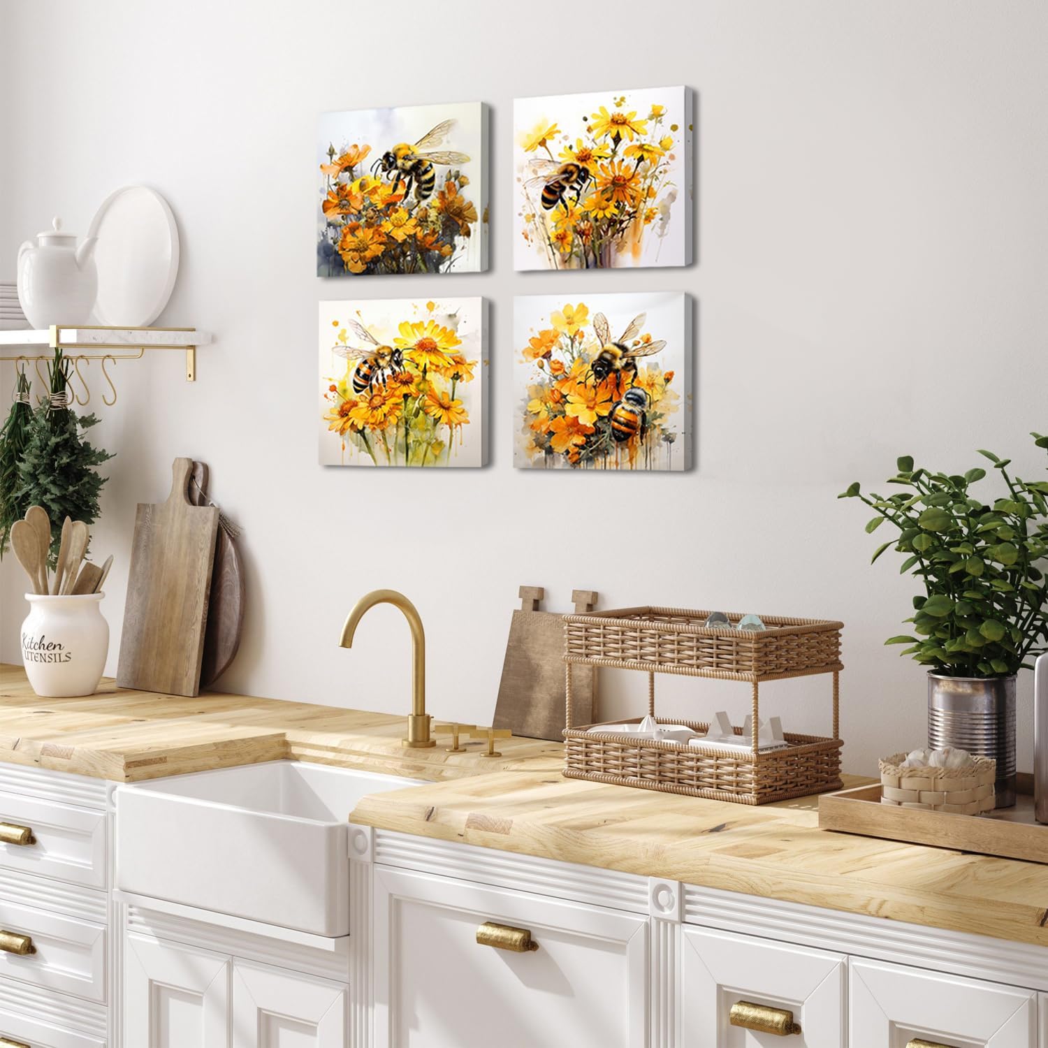 Daisy Wall Art Bee Bathroom Decor Yellow Wildflower Kitchen Wall Decor Watercolor Flowers Canvas Pictures Nature Bee Poppy Floral Posters Still Life Artwork for Dining Room Home Decoration 14x14" 4Pcs