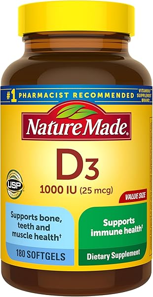 Nature Made Vitamin D3 1000 IU (25 mcg), Vitamin D Supplement for Bone, Teeth, Muscle and Immune Health Support, 180 Softgels, 180 Day Supply