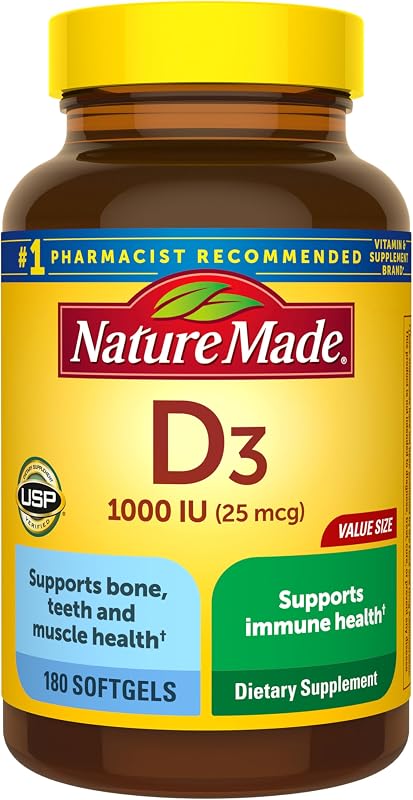 Nature Made Vitamina D3 1000 UI (25 mcg), 180 cápsulas blandas de vitamina D | Suplemento de vitamina D para apoyo a la salud inmune, ósea, dental y muscular, suministro para 180 días