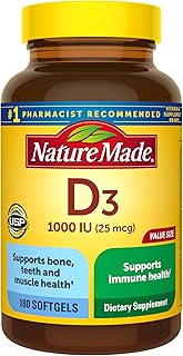 Nature Made Vitamina D3 1000 UI (25 mcg), suplemento de vitamina D para el apoyo a la salud de los huesos, dientes, músculos y sistema inmune, 180 cápsulas blandas, suministro para 180 días