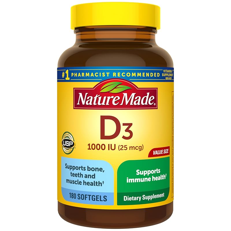 Nature Made Suplemento de Vitamina D3 1000 UI (25 mcg), 180 cápsulas gelatinosas