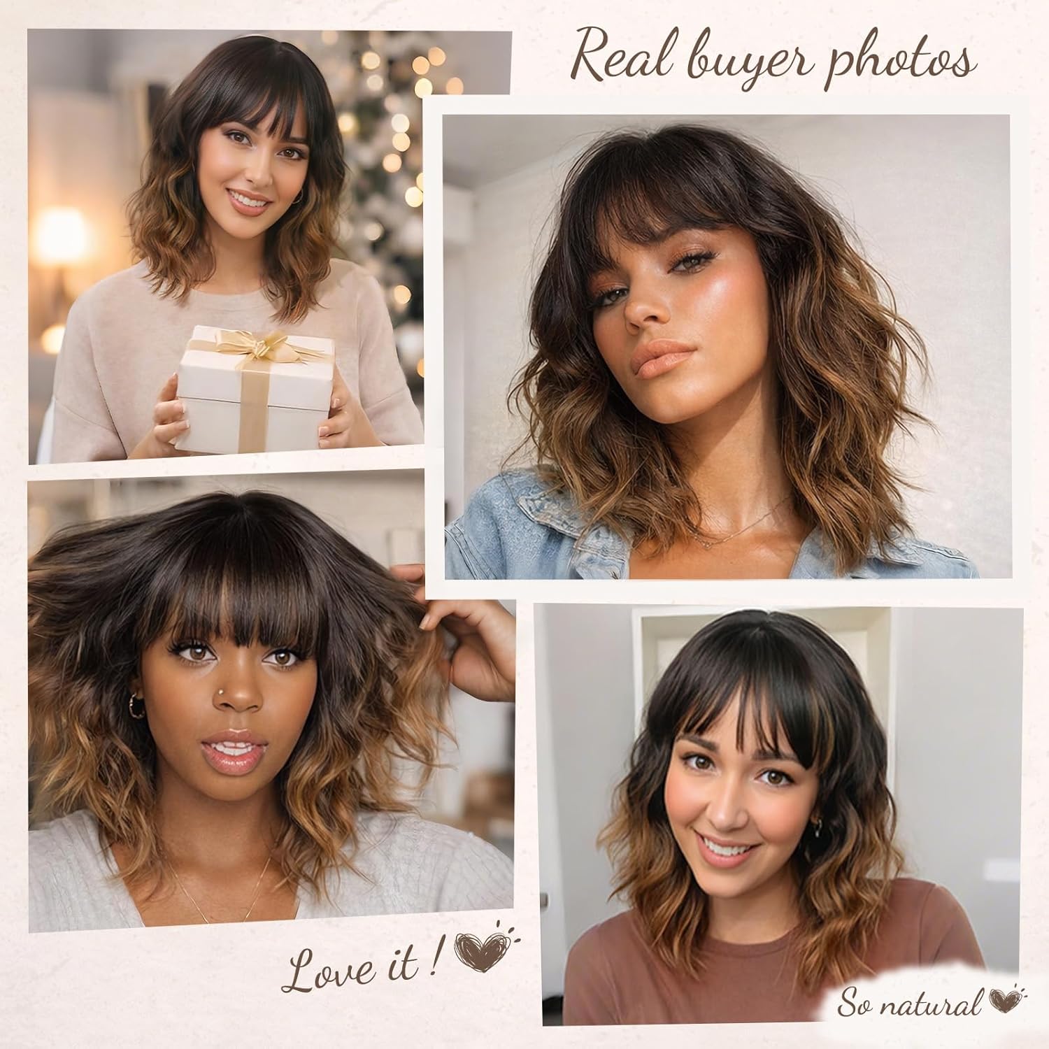 Nnzes Short Wavy Wig with Bangs for Women Shoulder Length Bob Curly Women's Charming Synthetic Wigs with Natural Wavy Black To Brown Heat Resistant Hair for Daily Party Use - Image 4