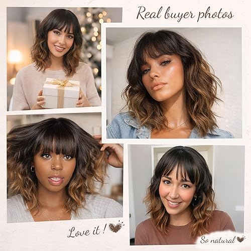 Miniatura 4 de Nnzes Melena ondulada corta con flequillo para mujer, longitud hasta el hombro, estilo Bob rizado, pelucas sintéticas encantadoras con cabello negro