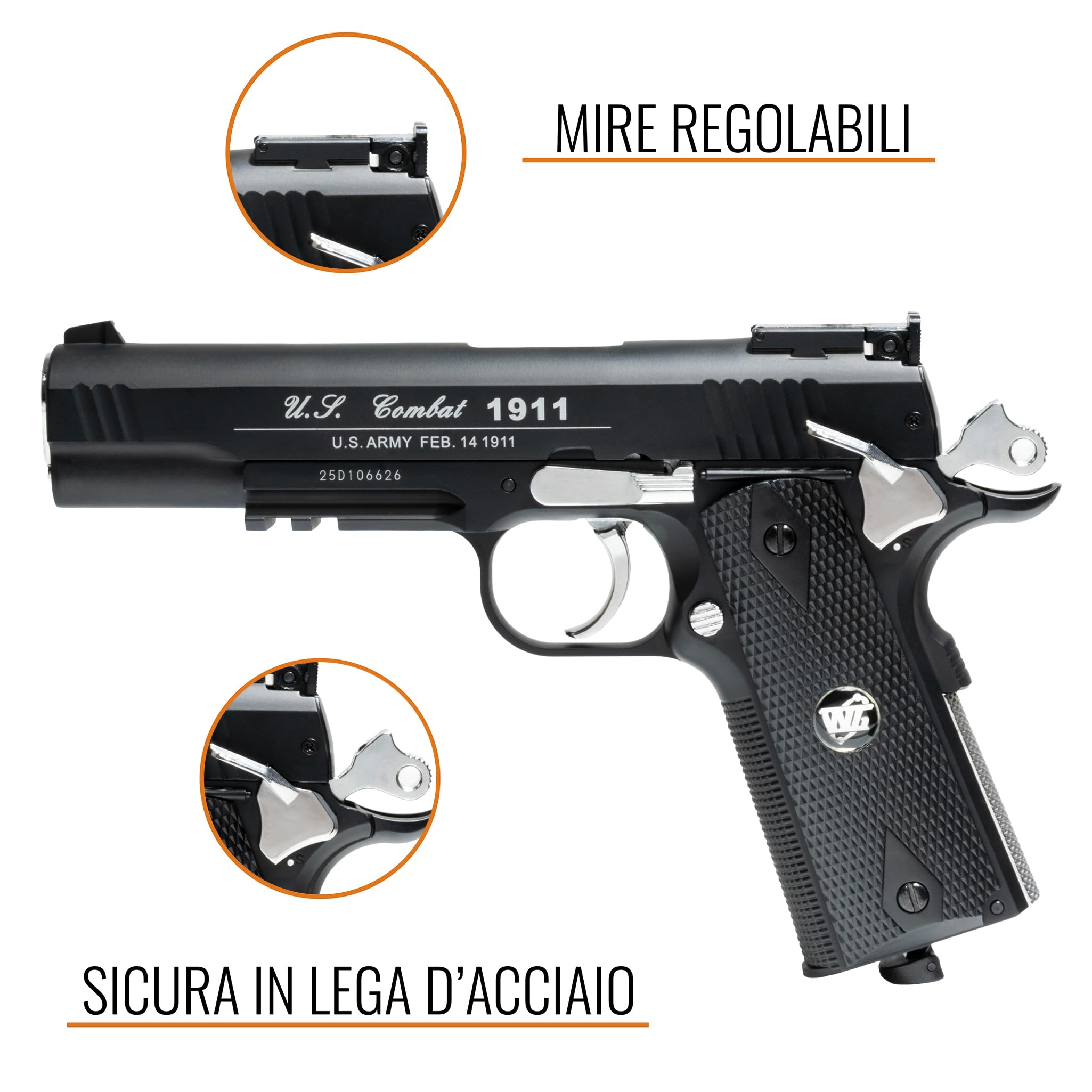 Pistola Softair WG Combat 1911 CO2 Full Metal, Pistola a Pallini Scarrellante con 10 Bombolette CO2, 1000 Pallini 6mm, Pistole Softair, Airsoft, colore nero