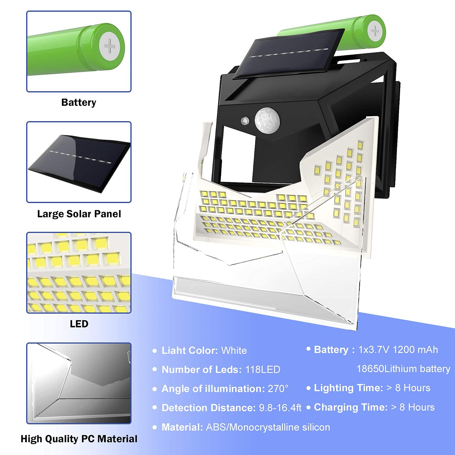 Lampa solarna do użytku na zewnątrz, 118 diod LED, czujnik ruchu, do użytku na zewnątrz, 2000 mAh, solarna lampa zewnętrzna z czujnikiem ruchu, wodoszczelna lampa ścienna, solarna lampa zewnętrzna, lampa solarna do ogrodu, 4 sztuki