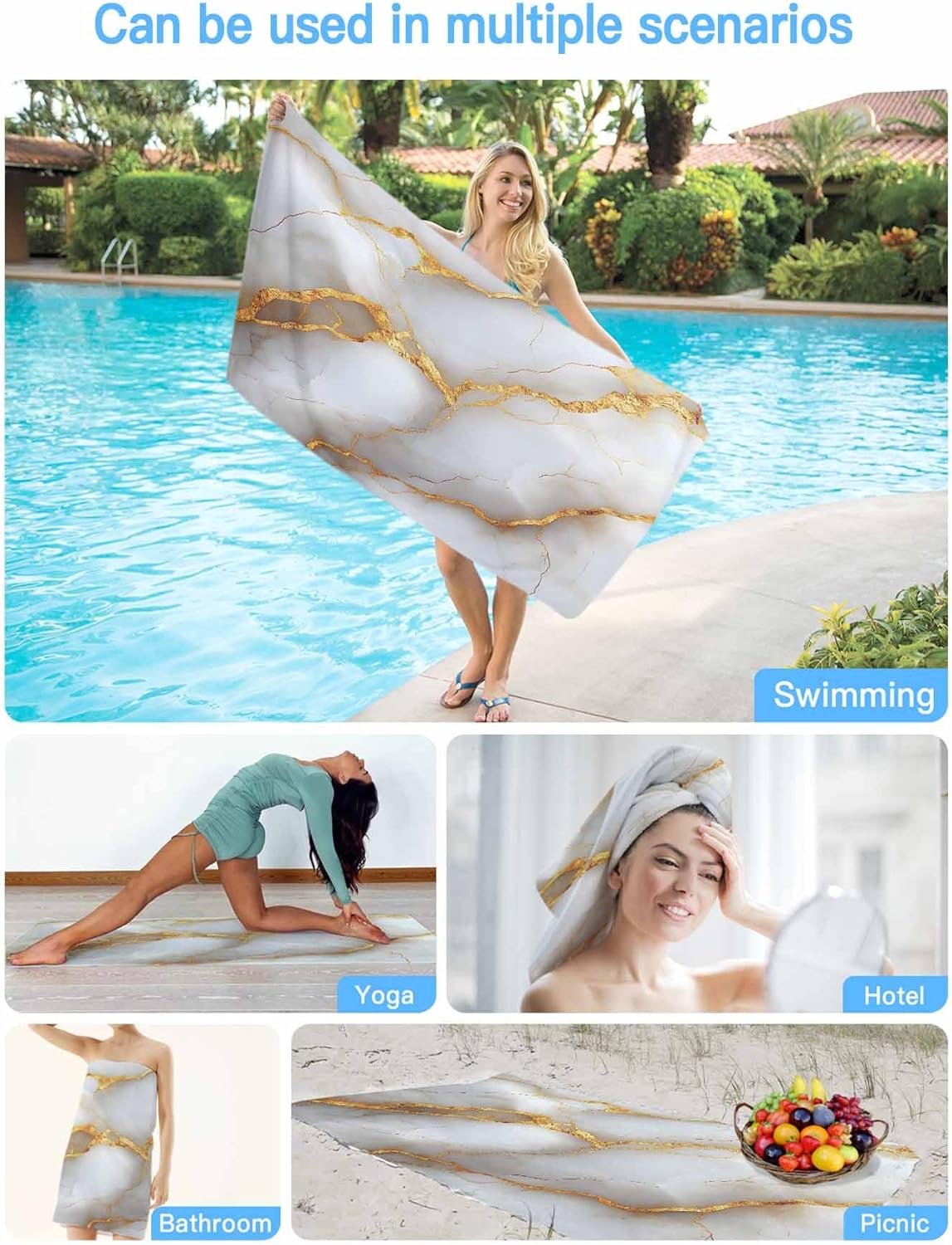 Marble Texture 1 Pack Beach Towel Polyester Water Absorbent Fast Dry Sand Free Beach Towel 35x71 Inch Lightweight Towel for Beach, Bath, Pool, Gym, Yoga White Phnom Penh Abstract Style