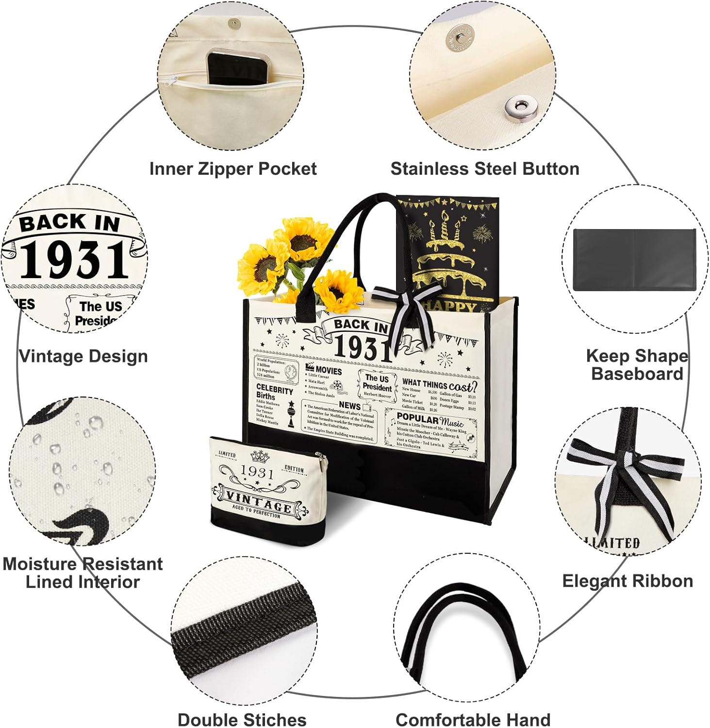 YeohJoy 95th Birthday Gifts for Her Canvas Tote Bag Travel Gear, Unique 95 Years Old Birthday Gifts for Mom Wife Aunt Friends Her, Vintage 1931 Handbag & Makeup Bag & 95th Greeting Card - Image 3